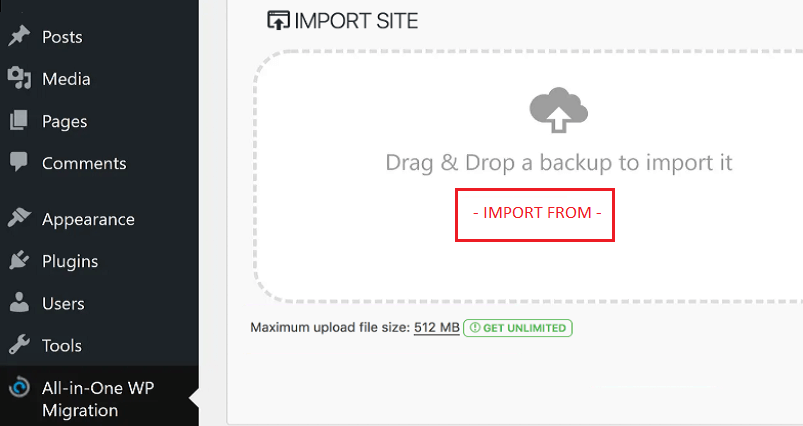 all in one wp migration import option
