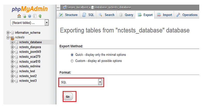 phpmyadmin export database format