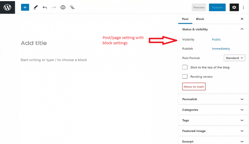 post page settings with block settings
