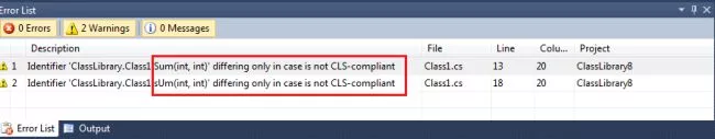 Error list with warnings confirming NON-CLSConplaince